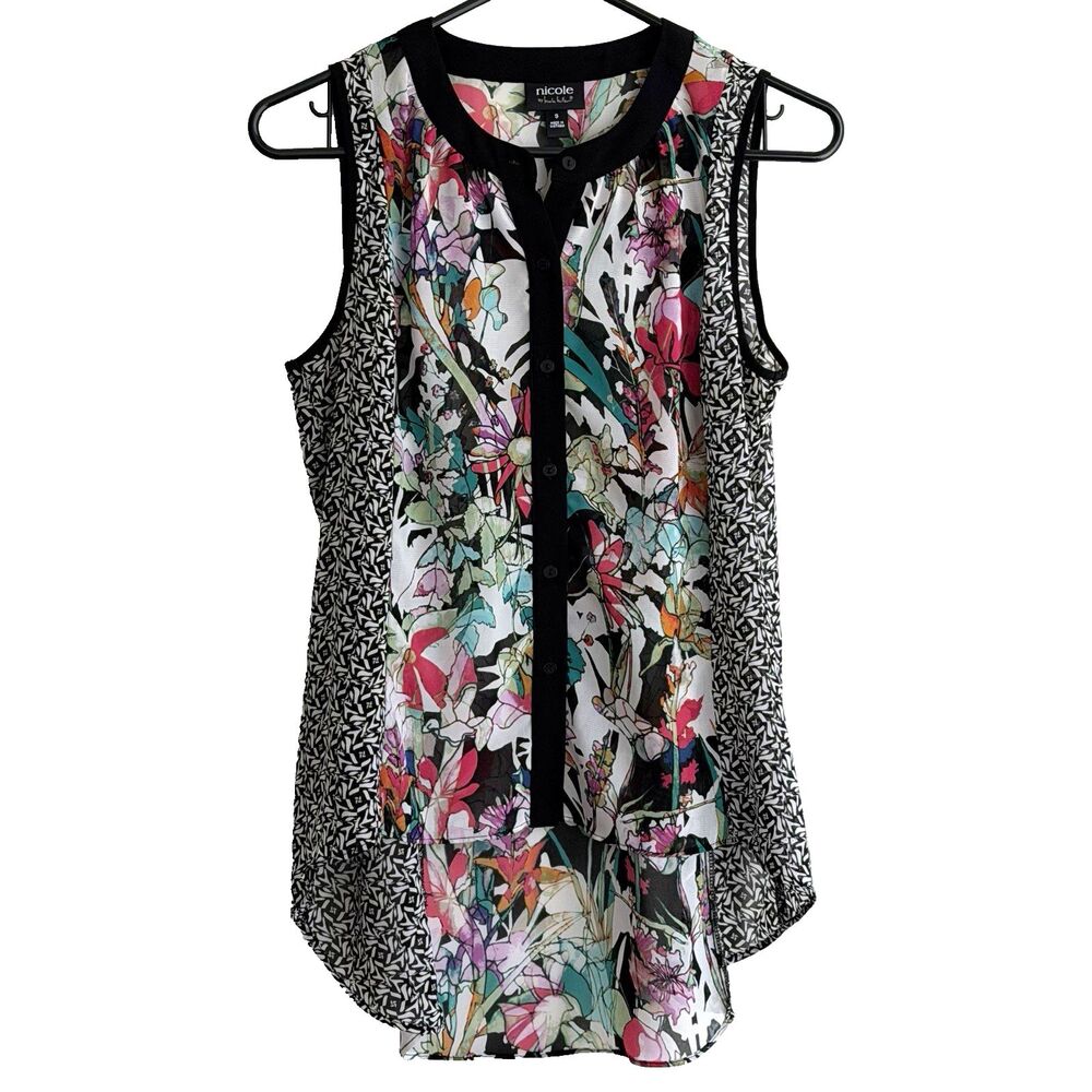 Nicole Miller Sleeveless Top S Sheer Button Up Blouse Floral Multicolor Hi-lo